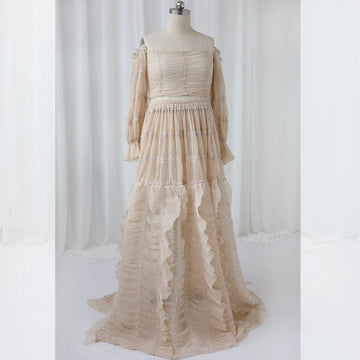 MQTIME  -  Photography Dress For Women Apricot Elegant Chiffon Lace Long Sleeved Dress Two-Piece Set Maternity Photo Shoot